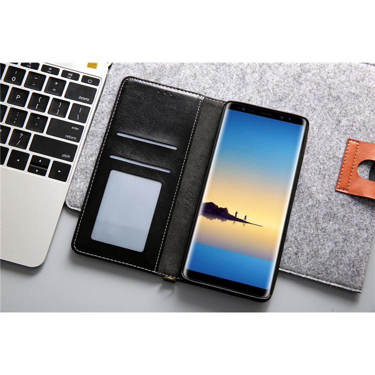 CMAI2 Jeans Cloth PU Leather Wallet Case with Hand Strap for Samsung Galaxy Note9 N960 - Black-18