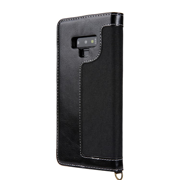 CMAI2 Jeans Cloth PU Leather Wallet Case with Hand Strap for Samsung Galaxy Note9 N960 - Black-3