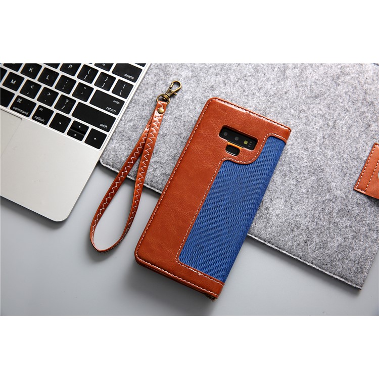 Cmai2 Jeans Paño PU Cuero Billetera Carcasa Con Correa De Mano Para Samsung Galaxy Note9 N960 - Azul / Marrón-14