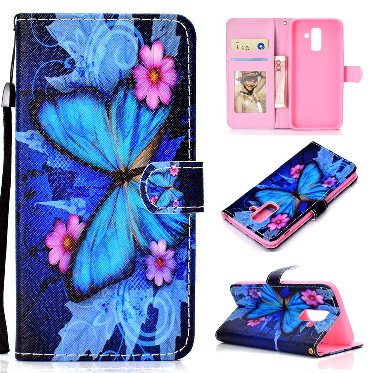 Pattern Printing Cell Phone Leather Wallet Casing for Samsung Galaxy A6+ (2018) / A9 Star Lite - Blue Butterfly-1