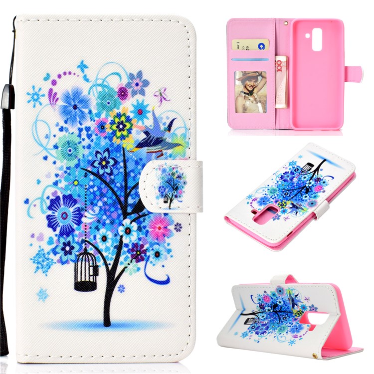 

Pattern Printing Cell Phone Leather Wallet Cover for Samsung Galaxy A6+ (2018) / A9 Star Lite - Blue Tree