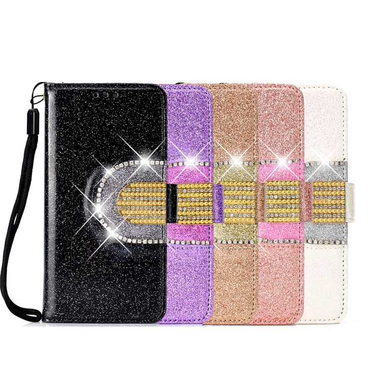 Glitter Powder Rhinestone Decoration Wallet Leather Case with Mirror for Samsung Galaxy J6 (2018) - Black-11