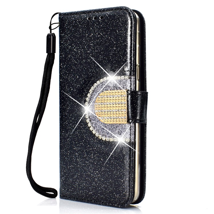 Glitter Powder Rhinestone Decoration Wallet Leather Case with Mirror for Samsung Galaxy J6 (2018) - Black-3
