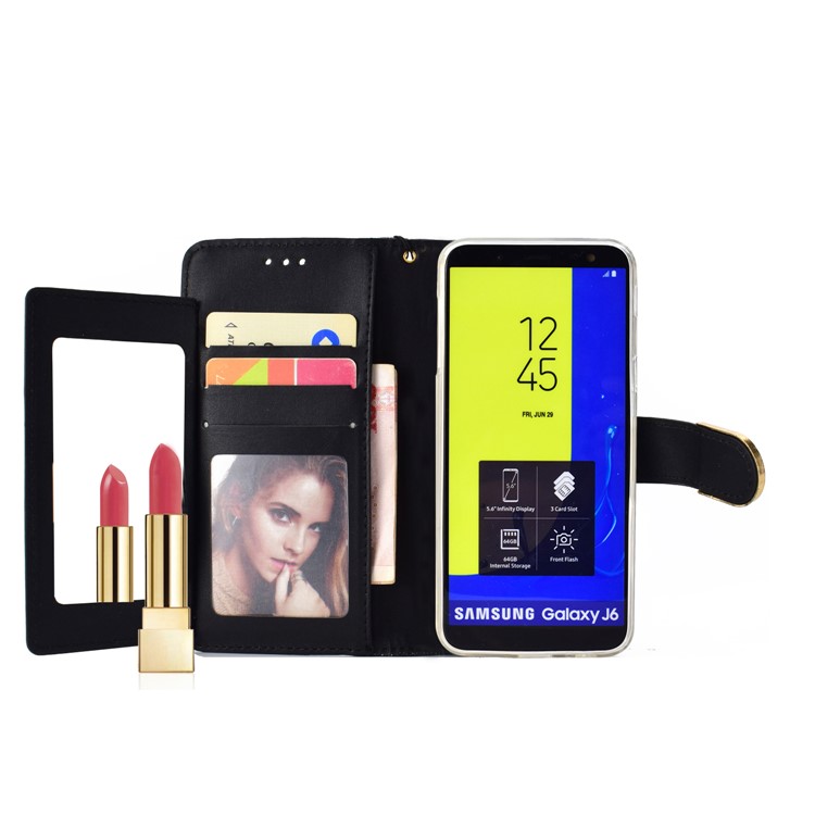 Glitter Powder Rhinestone Decoration Wallet Leather Case with Mirror for Samsung Galaxy J6 (2018) - Black-6