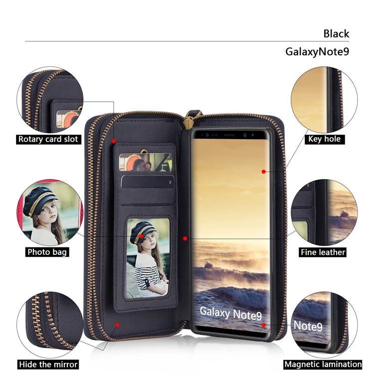 Retro Double Zipper Split Leather Wallet with Detachable TPU Cover for Samsung Galaxy Note9 N960 - Black-10