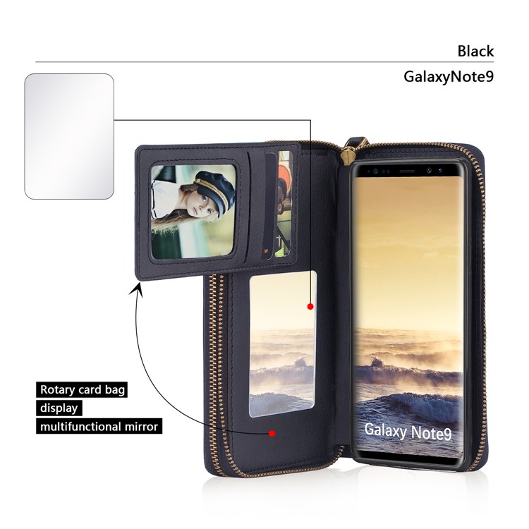 Retro Double Zipper Split Leather Wallet with Detachable TPU Cover for Samsung Galaxy Note9 N960 - Black-11