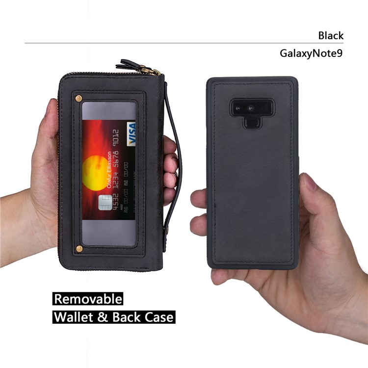 Retro Double Zipper Split Leather Wallet with Detachable TPU Cover for Samsung Galaxy Note9 N960 - Black-12