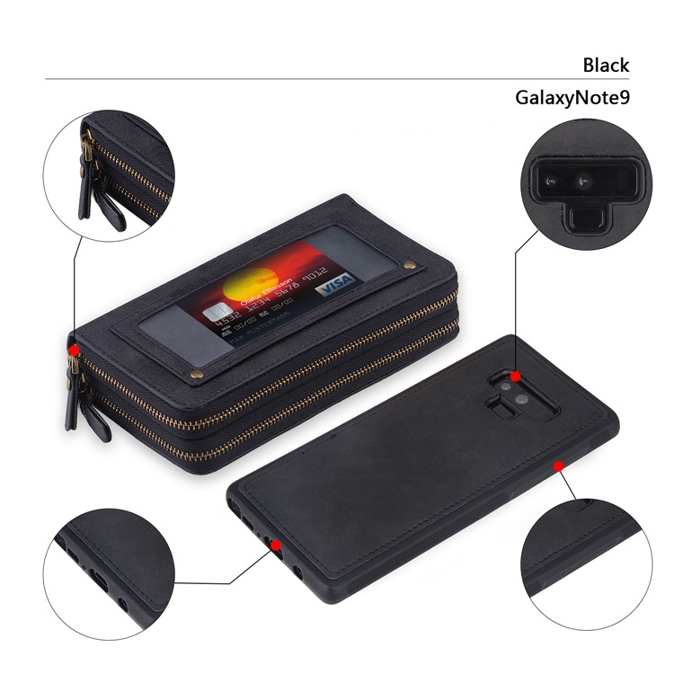 Retro Double Zipper Split Leather Wallet with Detachable TPU Cover for Samsung Galaxy Note9 N960 - Black-13