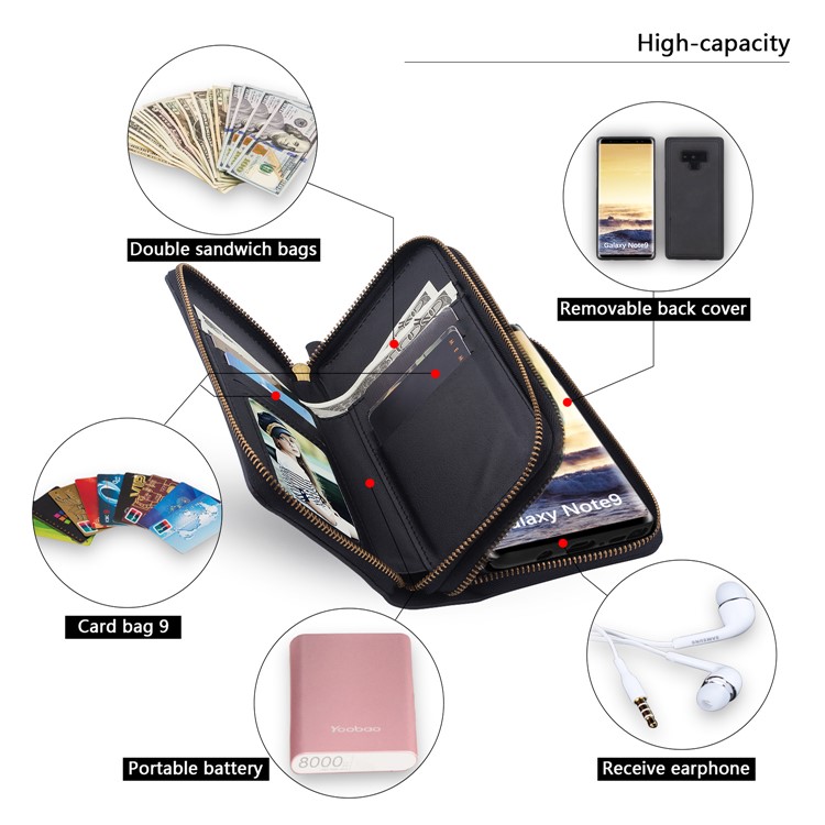 Retro Double Zipper Split Leather Wallet with Detachable TPU Cover for Samsung Galaxy Note9 N960 - Black-14