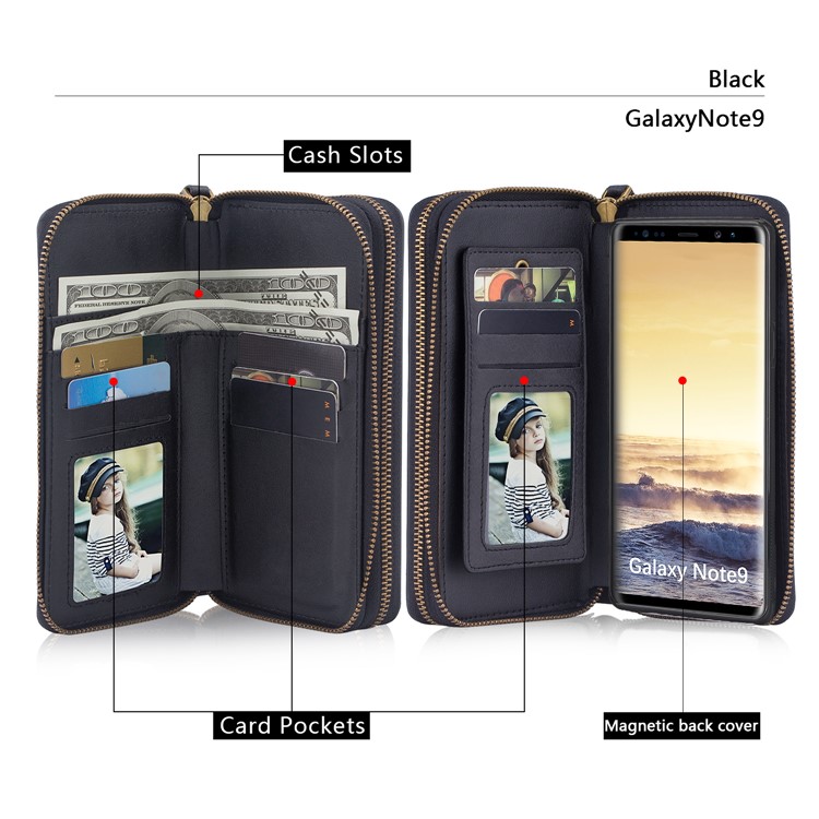 Retro Double Zipper Split Leather Wallet with Detachable TPU Cover for Samsung Galaxy Note9 N960 - Black-17