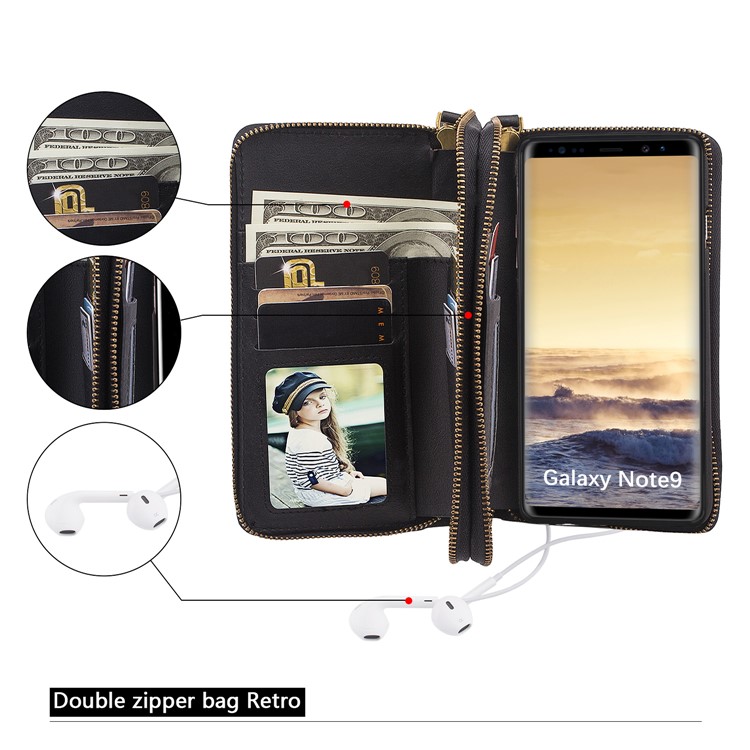 Retro Double Zipper Split Leather Wallet with Detachable TPU Cover for Samsung Galaxy Note9 N960 - Black-20