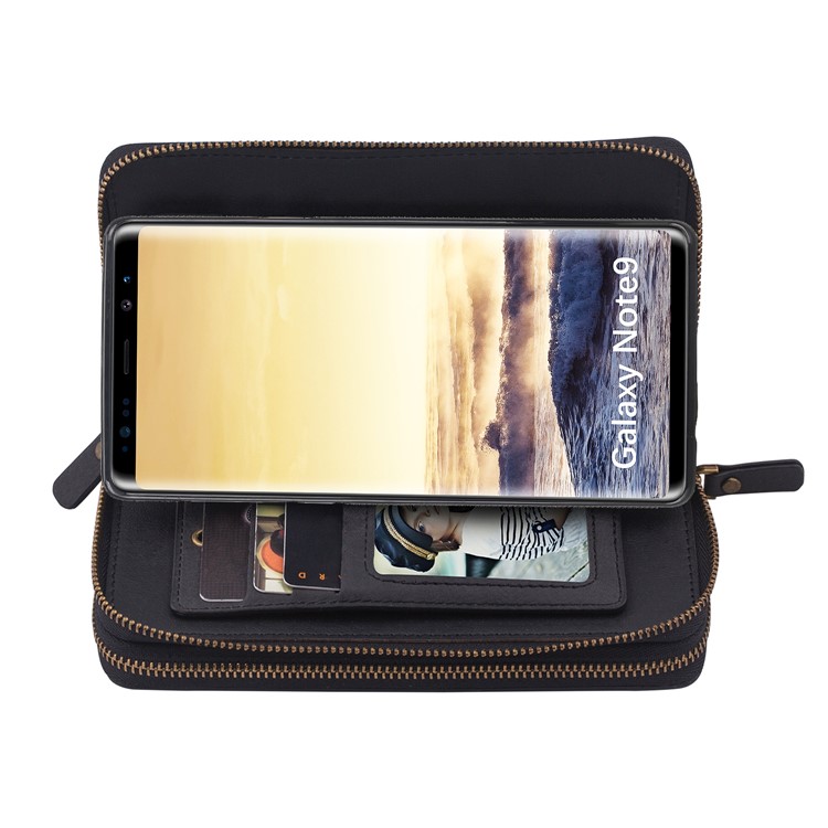 Retro Double Zipper Split Leather Wallet with Detachable TPU Cover for Samsung Galaxy Note9 N960 - Black-25
