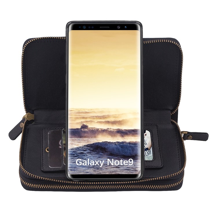Retro Double Zipper Split Leather Wallet with Detachable TPU Cover for Samsung Galaxy Note9 N960 - Black-26