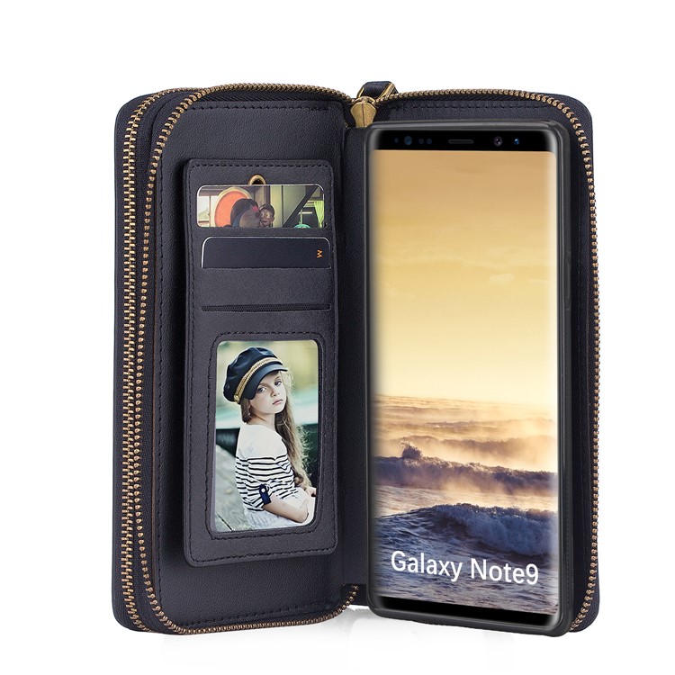 Retro Double Zipper Split Leather Wallet with Detachable TPU Cover for Samsung Galaxy Note9 N960 - Black-27