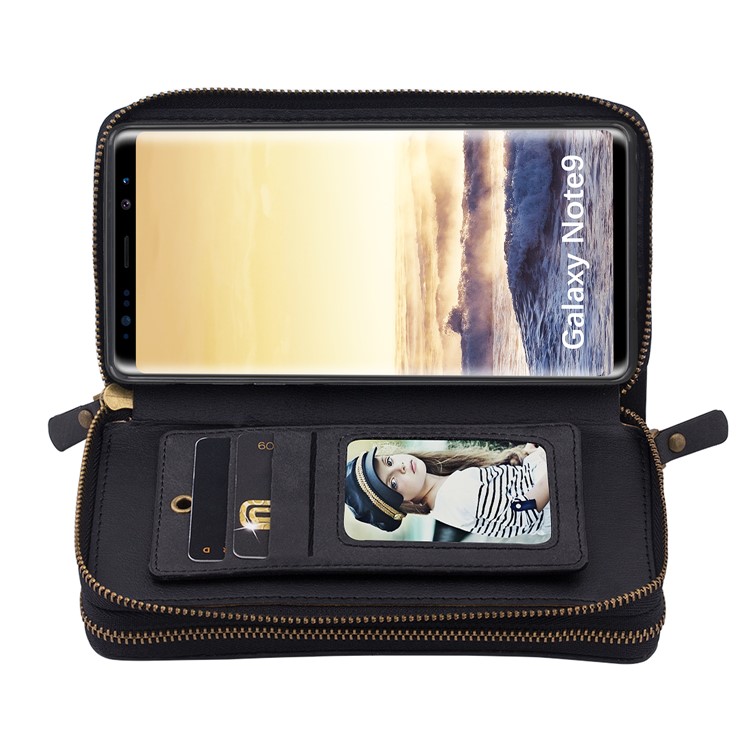 Retro Double Zipper Split Leather Wallet with Detachable TPU Cover for Samsung Galaxy Note9 N960 - Black-31