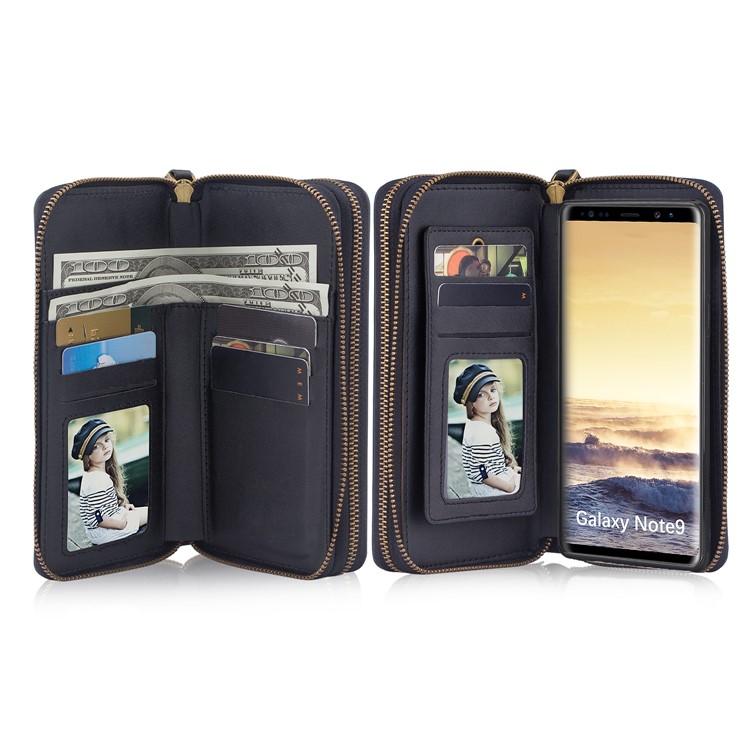 Retro Double Zipper Split Leather Wallet with Detachable TPU Cover for Samsung Galaxy Note9 N960 - Black-33