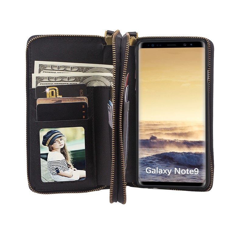 Retro Double Zipper Split Leather Wallet with Detachable TPU Cover for Samsung Galaxy Note9 N960 - Black-36