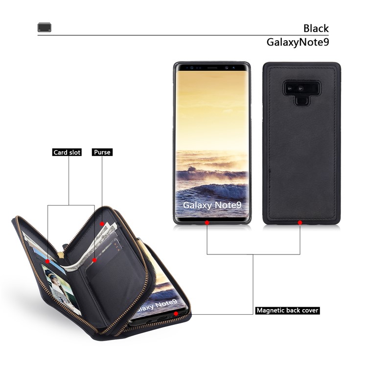 Retro Double Zipper Split Leather Wallet with Detachable TPU Cover for Samsung Galaxy Note9 N960 - Black-4