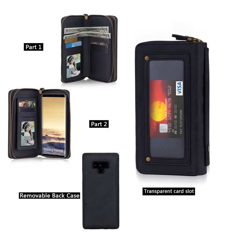 Retro Double Zipper Split Leather Wallet with Detachable TPU Cover for Samsung Galaxy Note9 N960 - Black-6