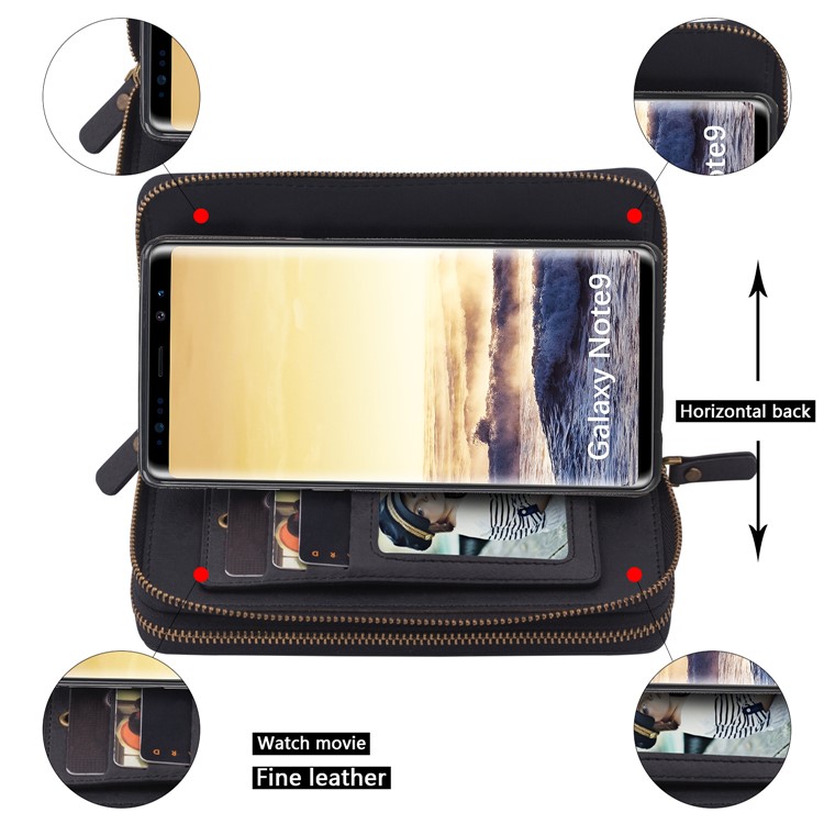 Retro Double Zipper Split Leather Wallet with Detachable TPU Cover for Samsung Galaxy Note9 N960 - Black-8