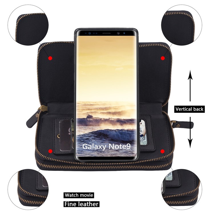 Retro Double Zipper Split Leather Wallet with Detachable TPU Cover for Samsung Galaxy Note9 N960 - Black-9