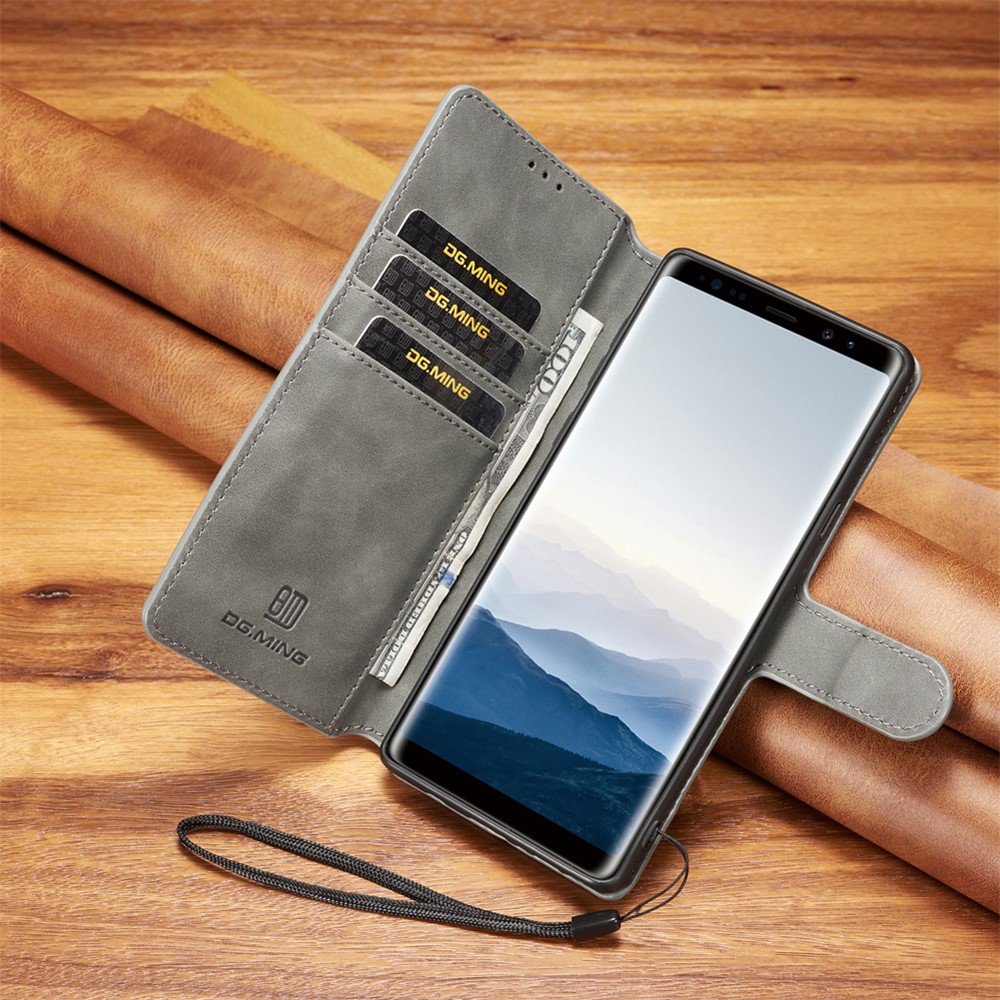 DG.MING Retro Style Wallet Leather Stand Case for Samsung Galaxy Note9 SM-N960 - Grey-6