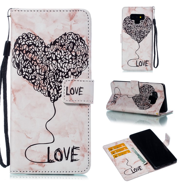Imprinted Lover Heart Marble Pattern Flip Case for Samsung Galaxy Note9 Stand Wallet Leather Mobile Phone Shell - Pink-1