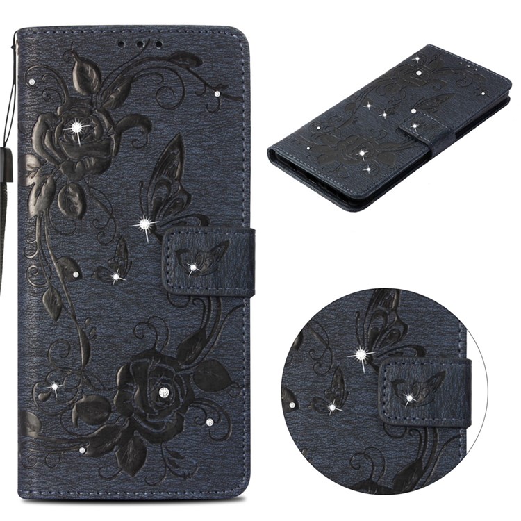 

Butterfly Flower Rhinestone Wallet Leather Stand Cover for Samsung Galaxy Note9 SM-N960 - Dark Blue