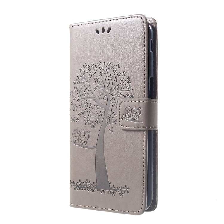 

Imprint Tree Owl Leather Wallet Phone Cover Case for Samsung Galaxy J6 Prime - Grey