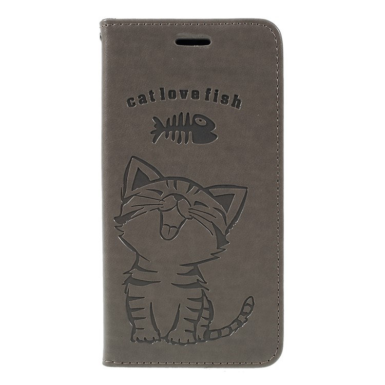 For Samsung Galaxy A7 (2018) Imprint Cat and Fish Bone Wallet Stand Leather Phone Cover - Grey-3