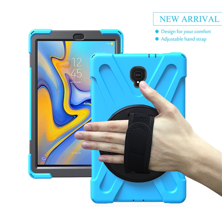 

360 Degree Swivel Kickstand PC + Silicone Hybrid Case Cover Shell with Hand Holder Strap for Samsung Galaxy Tab A 10.5 (2018) T590 T595 - Baby Blue, Galaxy Tab A 10.5 (2018) T590 T595
