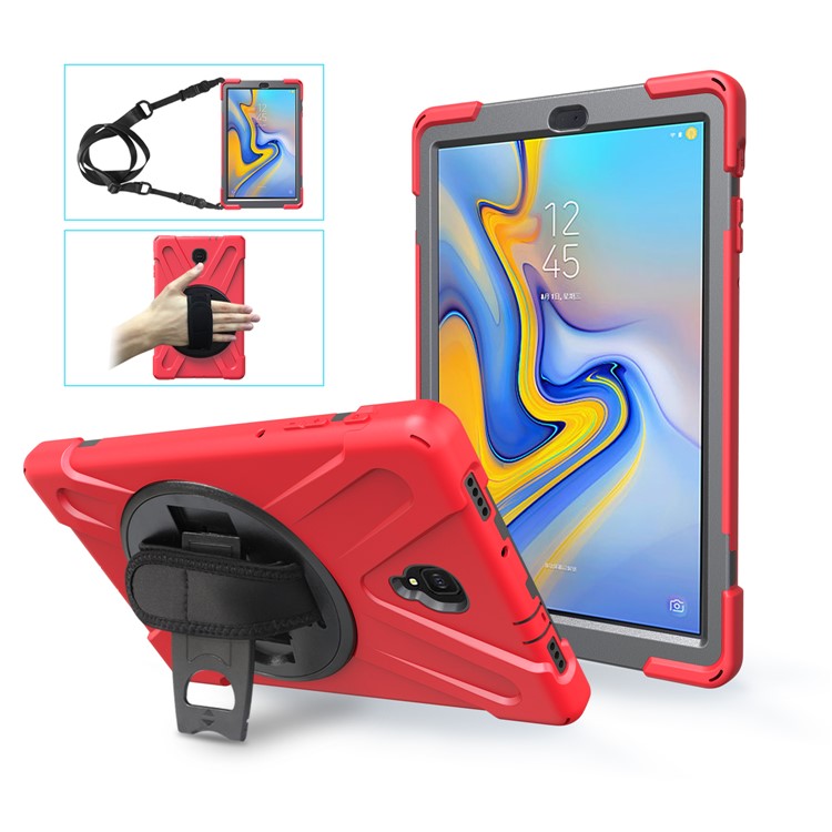 

For Samsung Galaxy Tab A 10.5 (2018) T590 T595 X-Shape 360 Degree Swivel PC + TPU Combo Kickstand Protective Cover with Hand Holder Strap and Shoulder Strap - Red, Galaxy Tab A 10.5 (2018) T590 T595