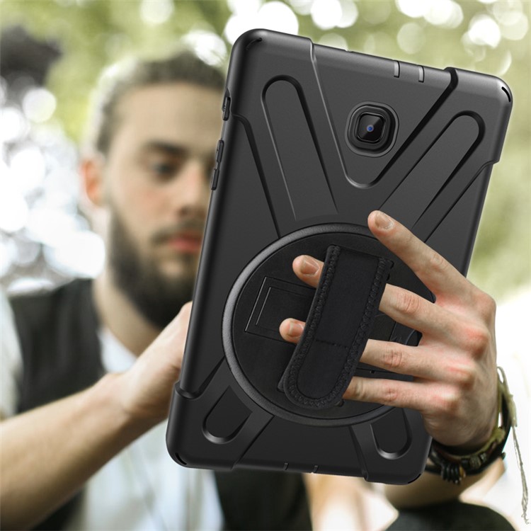 Para Samsung Galaxy Tab A 8.0 (2018) T387 Em Forma De X 360 Graus Giratória PC + Silicone Combo Kickstand Caso Com Alça Titular E Alça De Ombro - Tudo Preto-11