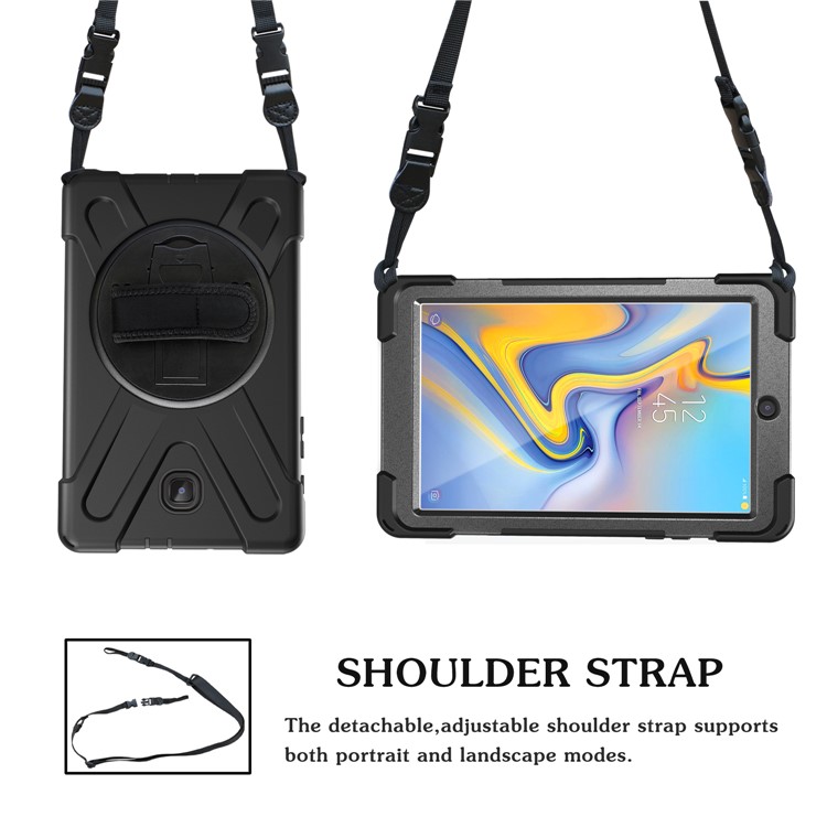 Para Samsung Galaxy Tab A 8.0 (2018) T387 Em Forma De X 360 Graus Giratória PC + Silicone Combo Kickstand Caso Com Alça Titular E Alça De Ombro - Tudo Preto-12