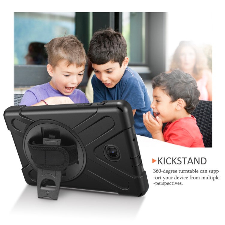 Para Samsung Galaxy Tab A 8.0 (2018) T387 Em Forma De X 360 Graus Giratória PC + Silicone Combo Kickstand Caso Com Alça Titular E Alça De Ombro - Tudo Preto-14