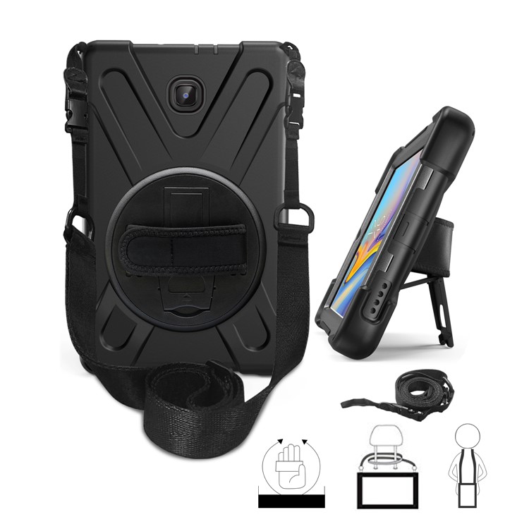 Para Samsung Galaxy Tab A 8.0 (2018) T387 Em Forma De X 360 Graus Giratória PC + Silicone Combo Kickstand Caso Com Alça Titular E Alça De Ombro - Tudo Preto-15