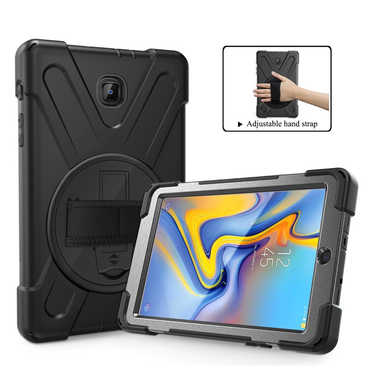 Para Samsung Galaxy Tab A 8.0 (2018) T387 Em Forma De X 360 Graus Giratória PC + Silicone Combo Kickstand Caso Com Alça Titular E Alça De Ombro - Tudo Preto-16