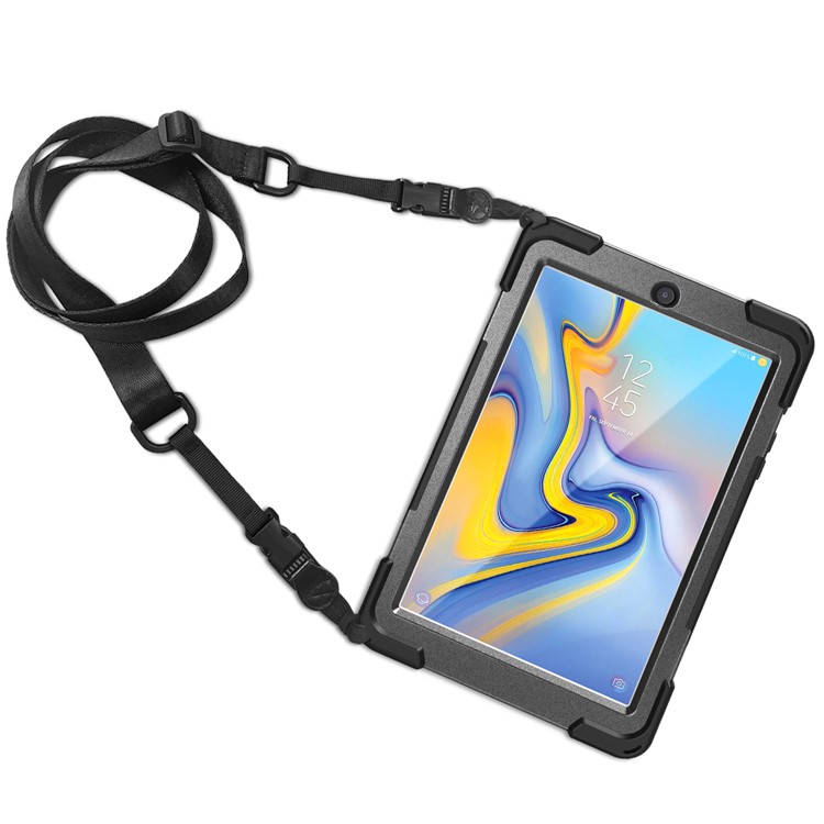 Para Samsung Galaxy Tab A 8.0 (2018) T387 Em Forma De X 360 Graus Giratória PC + Silicone Combo Kickstand Caso Com Alça Titular E Alça De Ombro - Tudo Preto-2