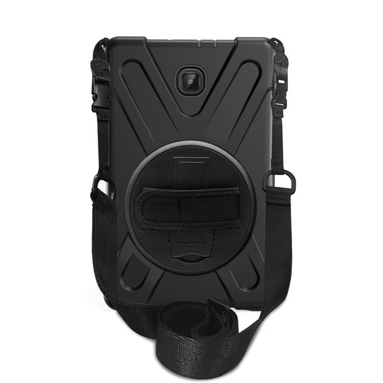 Para Samsung Galaxy Tab A 8.0 (2018) T387 Em Forma De X 360 Graus Giratória PC + Silicone Combo Kickstand Caso Com Alça Titular E Alça De Ombro - Tudo Preto-4
