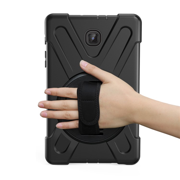Para Samsung Galaxy Tab A 8.0 (2018) T387 Em Forma De X 360 Graus Giratória PC + Silicone Combo Kickstand Caso Com Alça Titular E Alça De Ombro - Tudo Preto-5