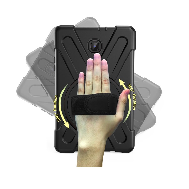 Para Samsung Galaxy Tab A 8.0 (2018) T387 Em Forma De X 360 Graus Giratória PC + Silicone Combo Kickstand Caso Com Alça Titular E Alça De Ombro - Tudo Preto-6