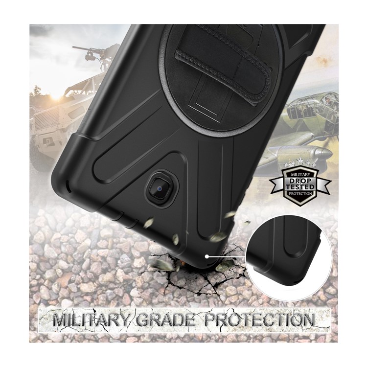 Para Samsung Galaxy Tab A 8.0 (2018) T387 Em Forma De X 360 Graus Giratória PC + Silicone Combo Kickstand Caso Com Alça Titular E Alça De Ombro - Tudo Preto-8