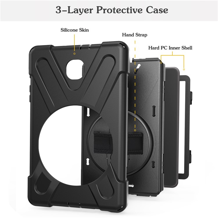 Para Samsung Galaxy Tab A 8.0 (2018) T387 Em Forma De X 360 Graus Giratória PC + Silicone Combo Kickstand Caso Com Alça Titular E Alça De Ombro - Tudo Preto-9