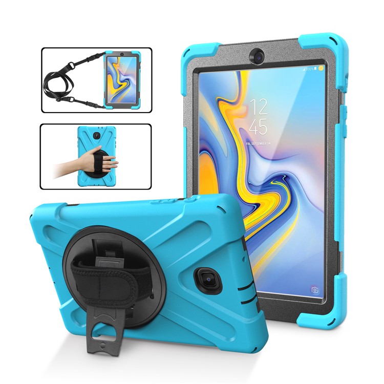 

For Samsung Galaxy Tab A 8.0 (2018) T387 X-Shape 360 Degree Swivel PC + Silicone Hybrid Kickstand Case with Hand Holder Strap and Shoulder Strap - Baby Blue, Galaxy Tab A 8.0 (2018)