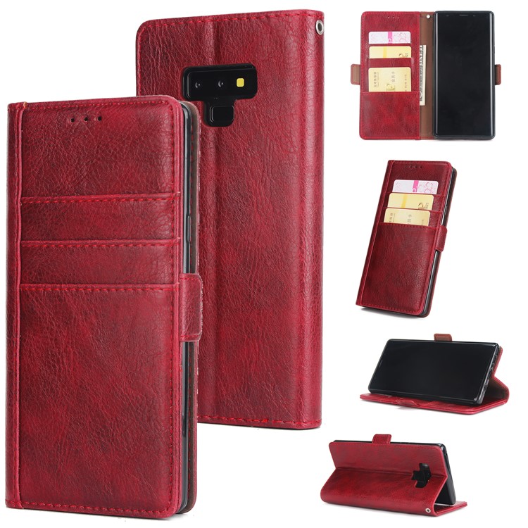 

Genuine Leather Wallet Stand Phone Case for Samsung Galaxy Note9 SM-N960 - Red, Galaxy Note9