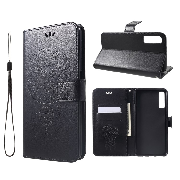 Imprint Dream Catcher Owl Leather Wallet Case with Strap for Samsung Galaxy A7 (2018) - Black-1