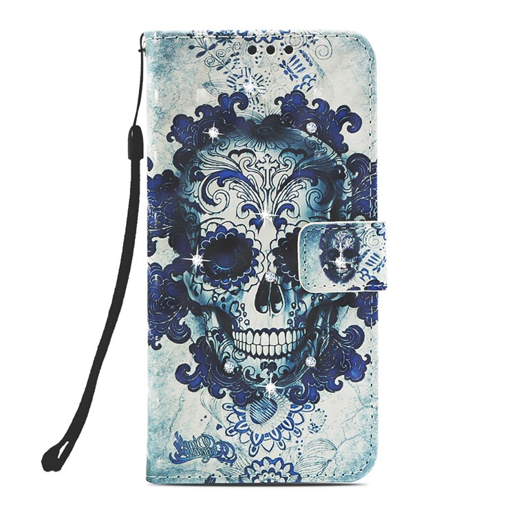 Pattern Printing Rhinestone Decor Leather Cell Phone Cover for Samsung Galaxy Note9 N960 - Flowered Skull-2