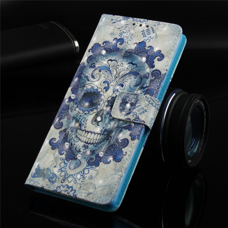 Pattern Printing Rhinestone Decor Leather Cell Phone Cover for Samsung Galaxy Note9 N960 - Flowered Skull-9