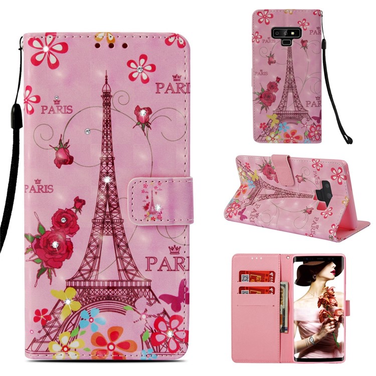 

Patterned Diamante Leather Phone Case for Samsung Galaxy Note9 N960 - Eiffel Tower and Vivid Flowers, Galaxy Note9