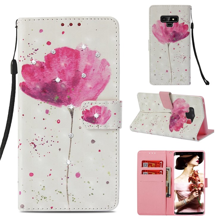 

Rhinestone Decor Patterned PU Leather Protector Cover for Samsung Galaxy Note9 N960 - Pink Flower, Galaxy Note9